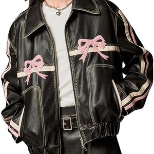 NWOT Women's Black and Pink Bows Leather Jacket